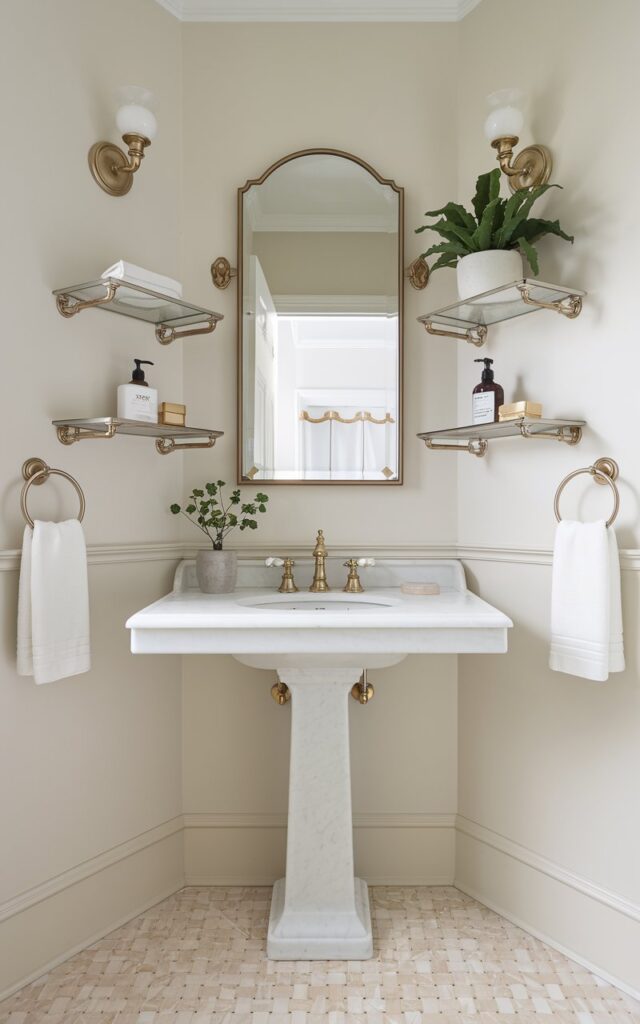 A beautiful Victorian full bathroom having a sleek pedestal sink in the corner of the room. The sink is made of white marble and has a gold faucet. There are wall-mounted shelves on either side of the sink, with essentials such as soap, a toothbrush holder, and a potted plant. The floor is made of beige tiles.