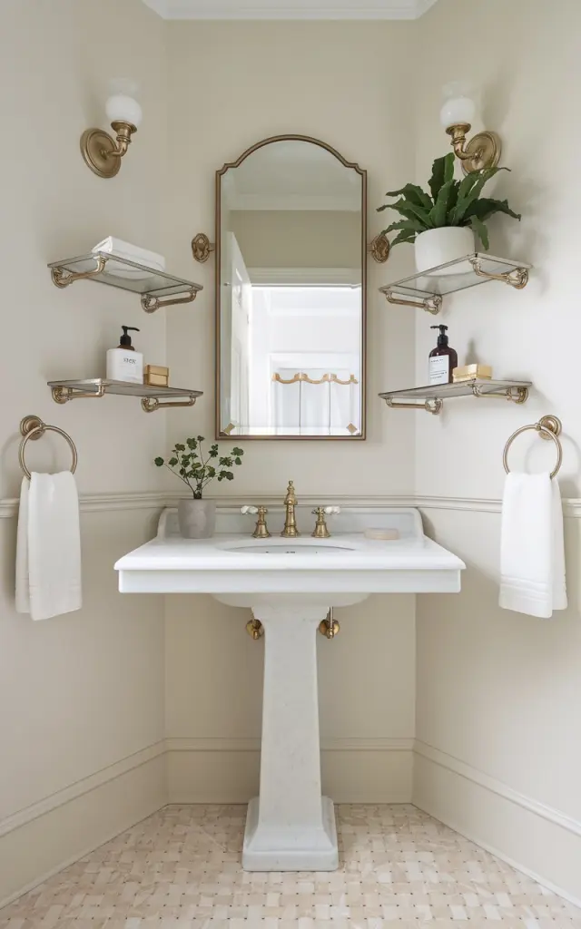 A beautiful Victorian full bathroom having a sleek pedestal sink in the corner of the room. The sink is made of white marble and has a gold faucet. There are wall-mounted shelves on either side of the sink, with essentials such as soap, a toothbrush holder, and a potted plant. The floor is made of beige tiles.
