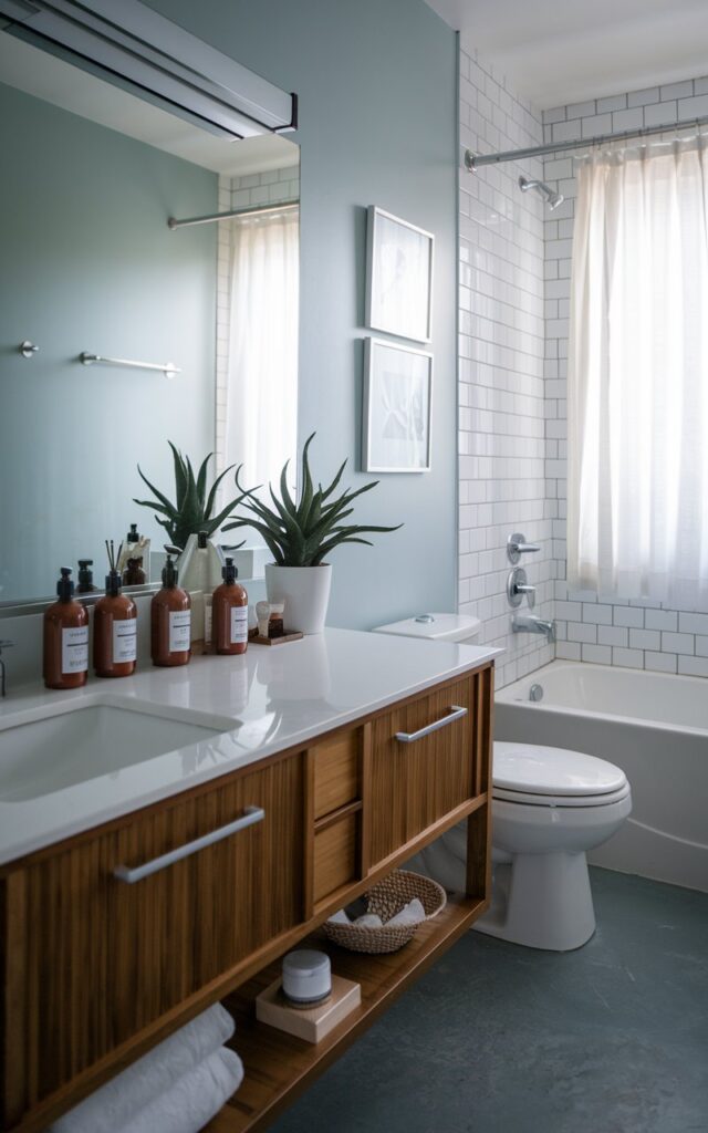 A photo of a mid-century modern bathroom with a vanity that has matching bottles for soaps and lotions. The vanity also has a plant, decor, and essential items. The room has a white vanity and a grey floor. The walls are painted light blue. There is a window with white curtains in the background. The room has a white toilet and a white bathtub.