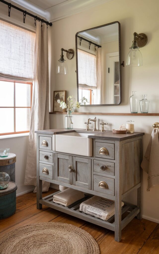 A photo of a beautifully styled farmhouse bathroom with a freestanding wood vanity and an apron-front sink. The vanity has a distressed finish and shaker-style drawers with antique brass handles. It sits on warm wood plank flooring. Above the vanity hangs a rectangular mirror with a rustic frame, flanked by industrial-style sconces. The space also features a soft linen curtained window, a braided jute rug, and vintage glass containers. The overall atmosphere is warm and charming, with a classic countryside character.