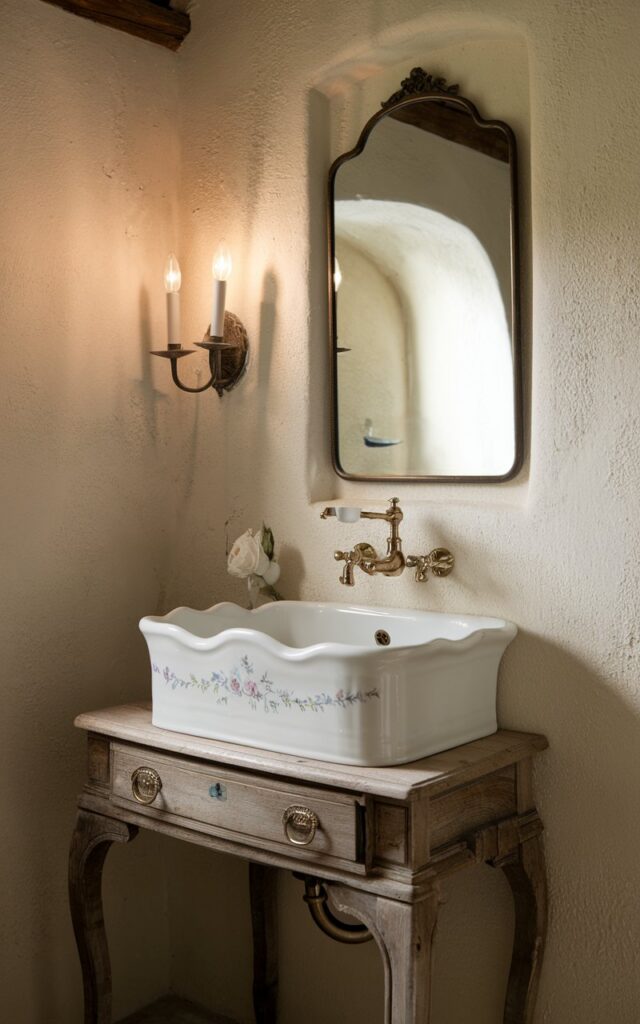 A photo of a farmhouse bathroom with a vintage-inspired ceramic sink featuring delicate floral detailing and a scalloped edge. The sink sits atop an antique wooden vanity with curved legs and brass hardware. The walls are creamy stucco-textured, and there is a wrought iron mirror. Soft lighting comes from a candle-style sconce. The overall feel is romantic and timeless, with a rustic elegance. The natural light is soft and filtered.