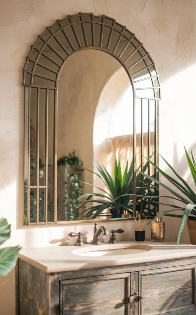 A photo of a boho bathroom wall with a vanity featuring a large vintage mirror with an arched or sunburst frame. The mirror has art deco influences, with sleek gold or brass rays. The vanity is made of distressed wood. The mirror reflects soft, warm lighting, a few plants, and textured walls. The vanity and bathroom are fully furnished. The natural light is soft and ambient.
