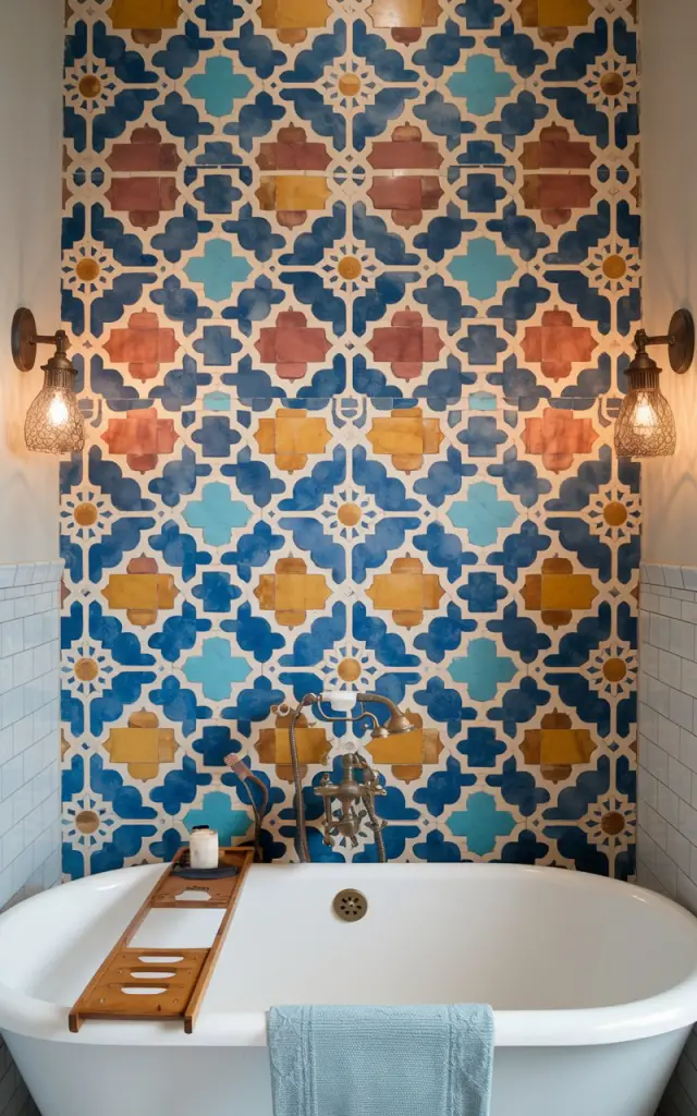 A photo of a boho bathroom with a striking accent wall covered in colorful Moroccan tiles. The wall features intricate geometric and floral patterns in shades of cobalt blue, terracotta, mustard, and white. The wall sits behind a freestanding tub with brass fixtures and natural wood elements. Wall sconces with warm lighting add a handcrafted feel to the space.