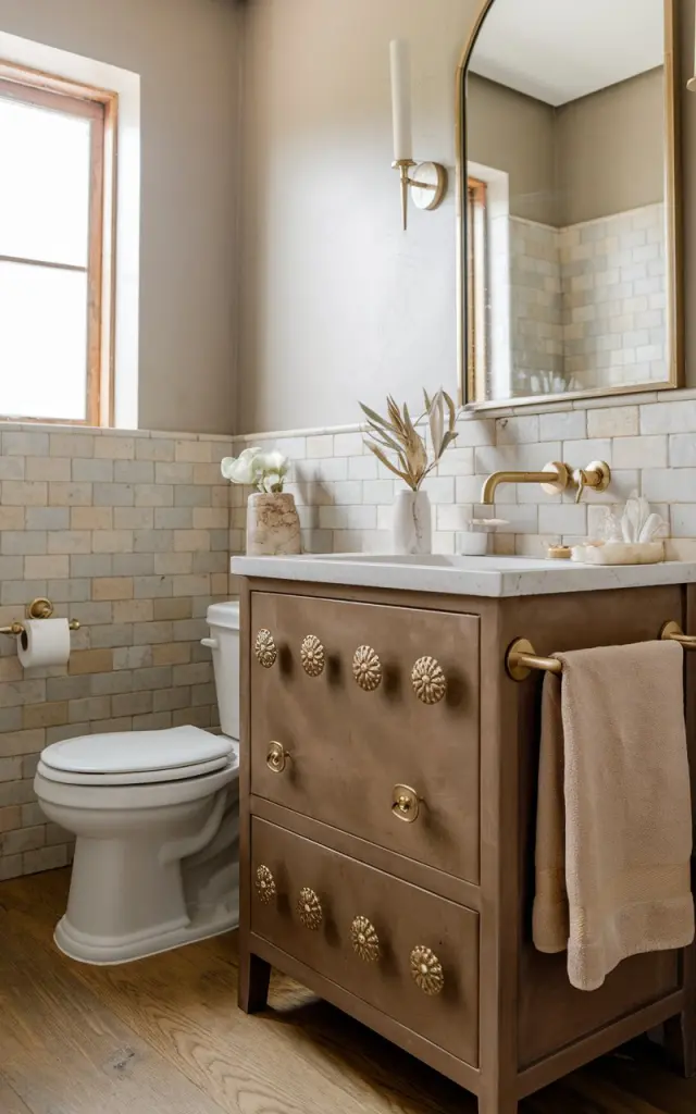 A photo of a boho-modern rustic bathroom with an earthy tone vanity. The vanity has brass small floral shaped knobs/handles and a brass towel bar on the side. There are linen neutral hand towels on the towel bar. The bathroom is fully furnished with a toilet, a sink, and a window. The walls have beige and light gray tiles. The floor is made of wood.