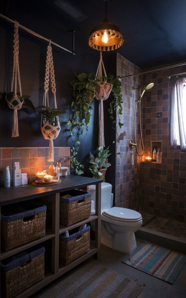 A moody boho-style bathroom with a dark-painted ceiling in deep indigo and a boho pendant light with a warm light on. The room features earth-toned Moroccan tiles as a backsplash, vintage woven baskets with toiletries, and plants in macramé hangers. There are brass accents and flickering candles that bring warmth and mystique. The bathroom has a toilet and shower area, a floor rug, and a curtained window.