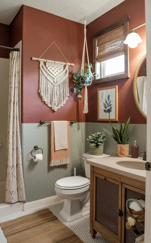 A photo of a boho-traditional bathroom with walls painted in muted desert tones of sun-faded terracotta and sage green. There are a few framed art pieces and a macrame art piece hanging on the wall. The space has vintage wooden accents, a woven rug, a hanging plant, and a faux plant on the vanity. The bathroom also has a toilet, shower area, and a curtained window. The space is charming and well-decorated.