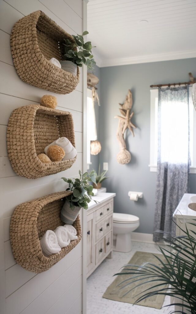A photo of a breezy farmhouse bathroom with coastal touches. The room features woven seagrass baskets mounted on white shiplap walls as creative storage. The baskets hold rolled towels, natural sponges, and small potted plants, adding both function and earthy texture. The room has soft blue-gray walls, driftwood accents, and seashell decor. The bathroom also has a vanity, toilet, and a curtained window. There is a floor rug and a plant in the room. The natural light is soft, filtered.