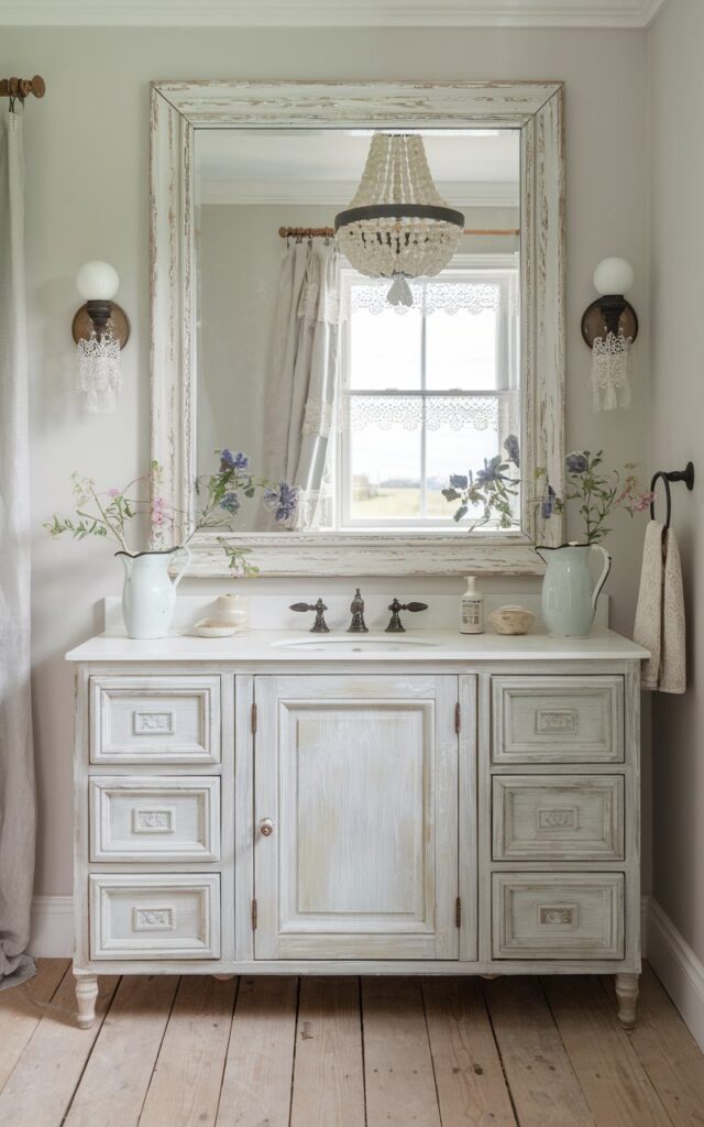 A photo of a bright and airy farmhouse bathroom with a shabby chic flair. A large rectangular mirror with a distressed whitewashed wood frame hangs above a vintage-style vanity. The walls are painted in soft pastel tones, and delicate floral accents sit in ceramic pitchers nearby. The mirror reflects a white beaded chandelier and lace-trimmed linen curtains fluttering at the window. Light wood flooring and antique decor add warmth and nostalgic charm, creating a soft, romantic countryside vibe.