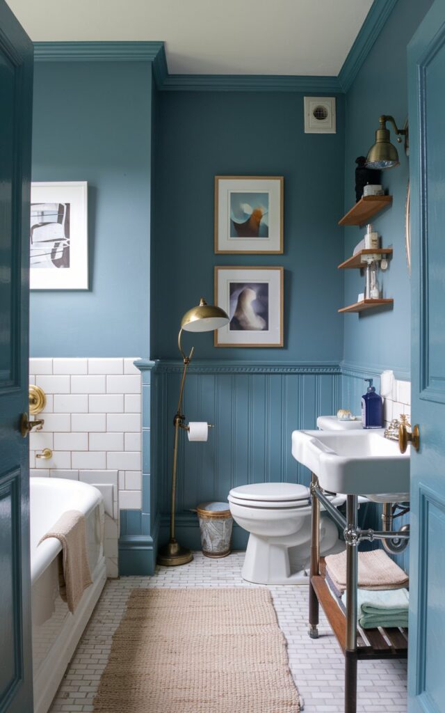 A photo of a charming Americana-style full bathroom with walls painted in dusty blue color. There are a few framed abstract photos hung on the walls. The bathroom is fully furnished and well-lit. There is a white bathtub, a toilet, and a sink. A beige rug is placed on the floor. A brass lamp is placed near the bathtub. A wooden shelf near the toilet holds a few items. The space feels fresh and warm.