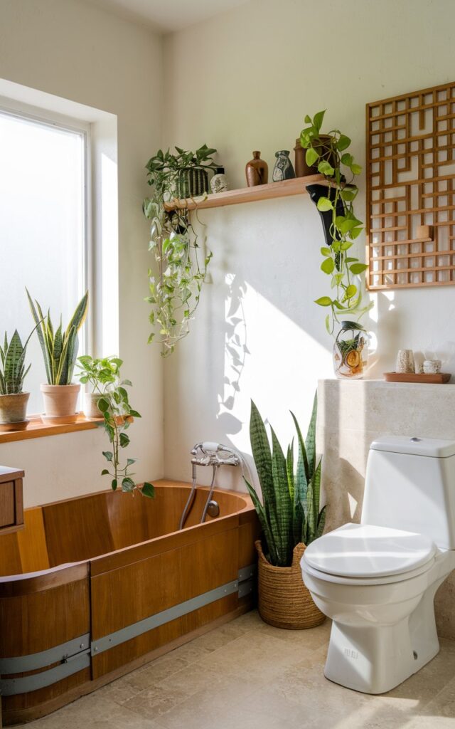 A photo of a charming Asia Zen bathroom with indoor plants such as snake plants and pothos placed on the windowsill and open shelves. The bathroom is fully furnished with a wooden bathtub, a toilet, a sink, and a few decorative items. There is a mild sunlight streaming in through the window. The walls are painted white, and there is a wooden lattice on the wall above the bathtub. The floor is covered with beige tiles.