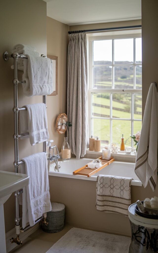 A photo of a charming English countryside bathroom with a neutral color scheme. There are fluffy towels hanging on a towel warmer near the bathtub. The bathroom is fully furnished, cozy, and well-decorated. There is a window with a view of the green countryside. The natural light is soft and filtered.