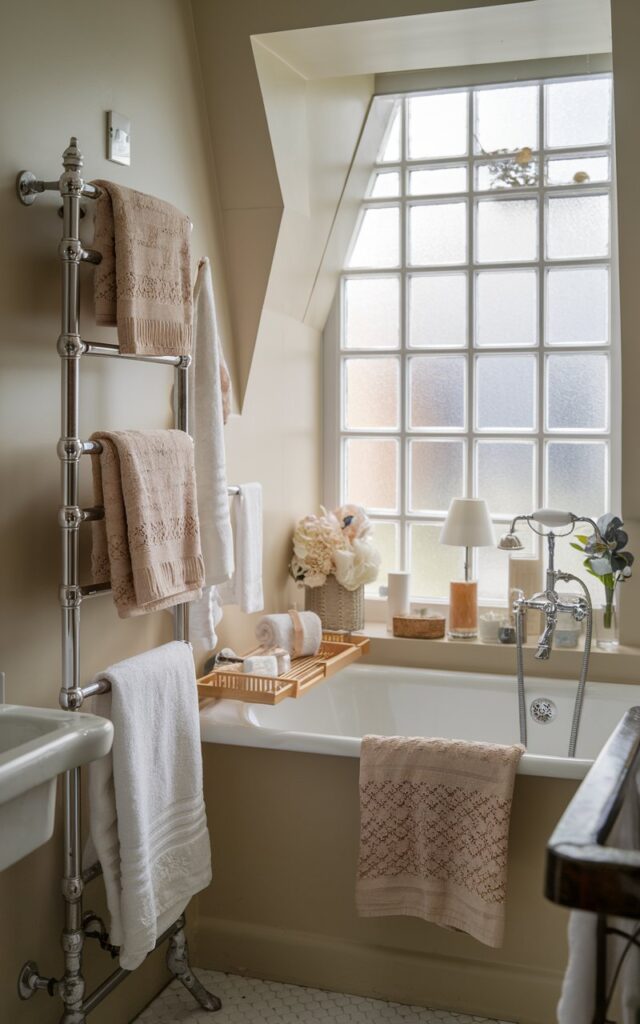 A photo of a charming, English countryside bathroom with a neutral color scheme. There are fluffy towels hanging on a towel warmer near the bathtub. The bathroom is fully furnished, cozy, and well-decorated. There is a window with frosted glass near the ceiling, allowing soft, filtered natural light to enter the room.