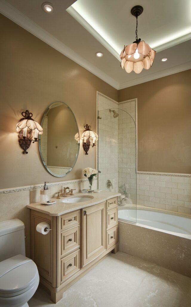 A photo of a charming Gustavian style full bathroom with a beige and white color scheme. The bathroom has a large oval mirror above the vanity, wall sconces with a light on, and a recessed ceiling with a flower hanging pendant light also with a light on. The room is fully furnished and well-decorated, with a white toilet and a beige bathtub. There is no natural light in the bathroom.