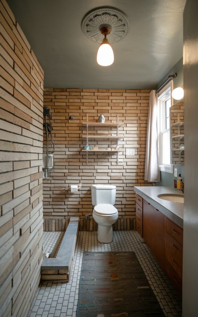A photo of a mid-century modern bathroom with a wood slat tile wall in a vertical stack pattern. The bathroom has a toilet, a shower area, open shelves, a vanity, a curtained window, a floor rug, and a detailed ceiling with a pendant light. The light is on. The bathroom is spacious and has even, ambient natural light.