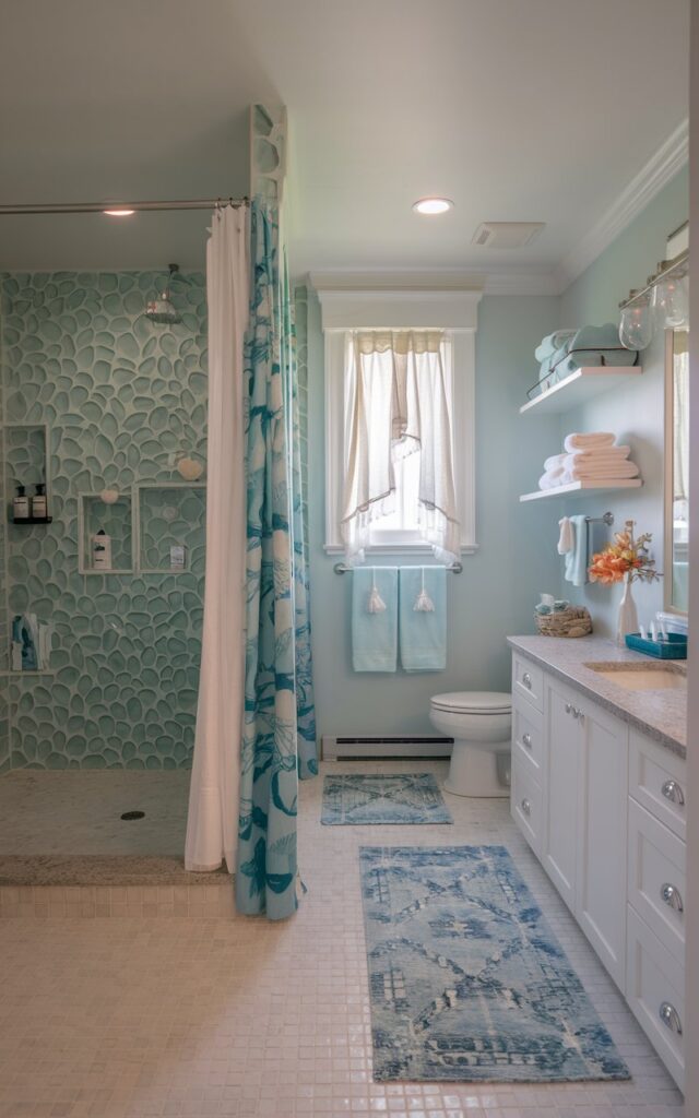 A photo of a spacious Palm Beach style bathroom with a coastal blue touch. The bathroom has a shower area with sea-glass-inspired tile wall. There's a toilet, vanity, and a curtained window. There's a floor rug and open shelves. The bathroom is well-organised and decorated. The lighting is soft, with a recessed LED ceiling light.