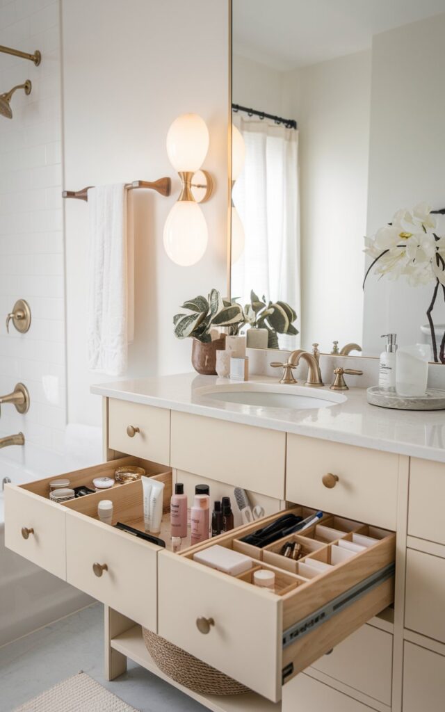 A photo of a fully furnished Scandinavian-style bathroom with a charming vanity. The vanity has deep drawers and built-in organizers. It contains haircare, skincare, and makeup items that are neatly organized. The vanity and bathroom are illuminated with soft, ambient lighting.