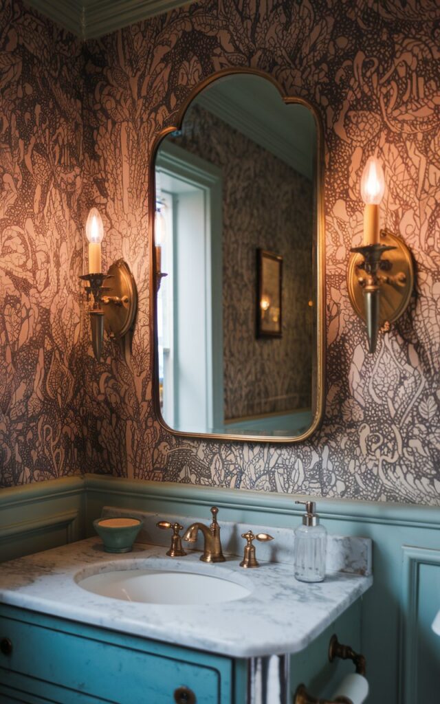A photo of a Victorian bathroom with a vanity, mirror, and two vintage brass wall sconces. The sconces are on either side of the mirror, which has a warm light on. The walls have a bold print wallpaper. There is no natural light in the room.