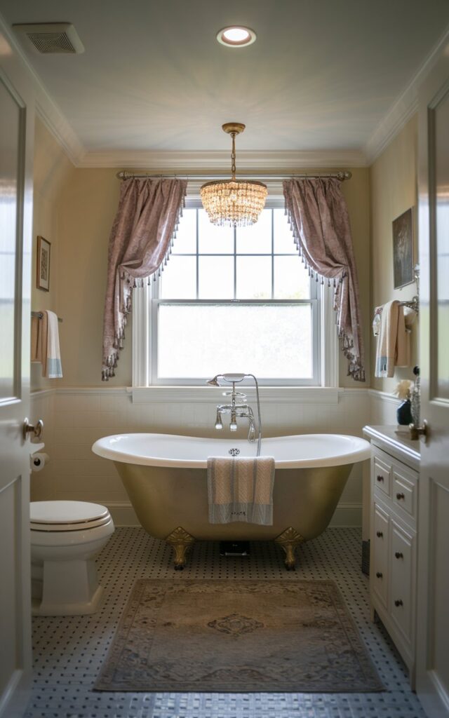 A photo of a charming Victorian bathroom with a freestanding soaking tub. The tub has a small chandelier above it. The bathroom is fully furnished with a toilet, a vanity, a recessed ceiling light, a curtained window, and a floor rug. The natural light is soft and ambient.