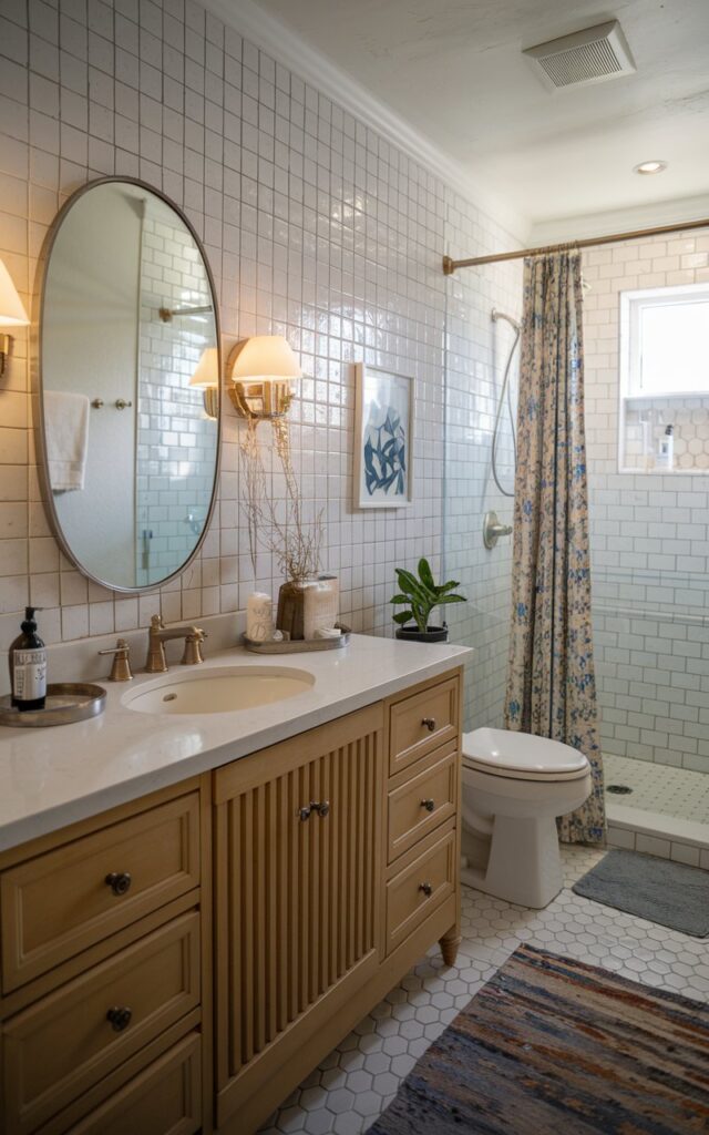 A photo of a charming bathroom with a zellige tile backsplash, a vanity with a large mirror and sconces (light on) over it. The bathroom also has a toilet, shower area, curtained window, plant, and a floor rug. The space has a Boho touch.