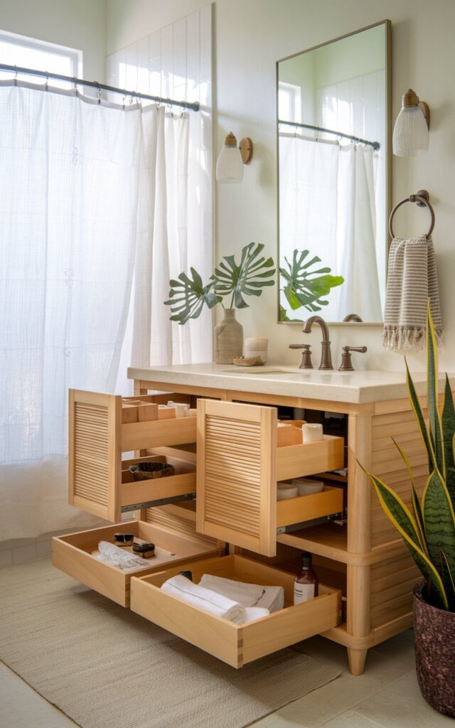 A photo of a biophilic-style bathroom with a charming bamboo or light-stained wood vanity. The vanity has sliding pull-out cabinets. The bathroom is fully furnished, with a plant, a towel rack, and a shower curtain. The vanity blends seamlessly into the organic, nature-inspired setting, keeping clutter hidden while emphasizing calm and simplicity. Soft, filtered light illuminates the space.