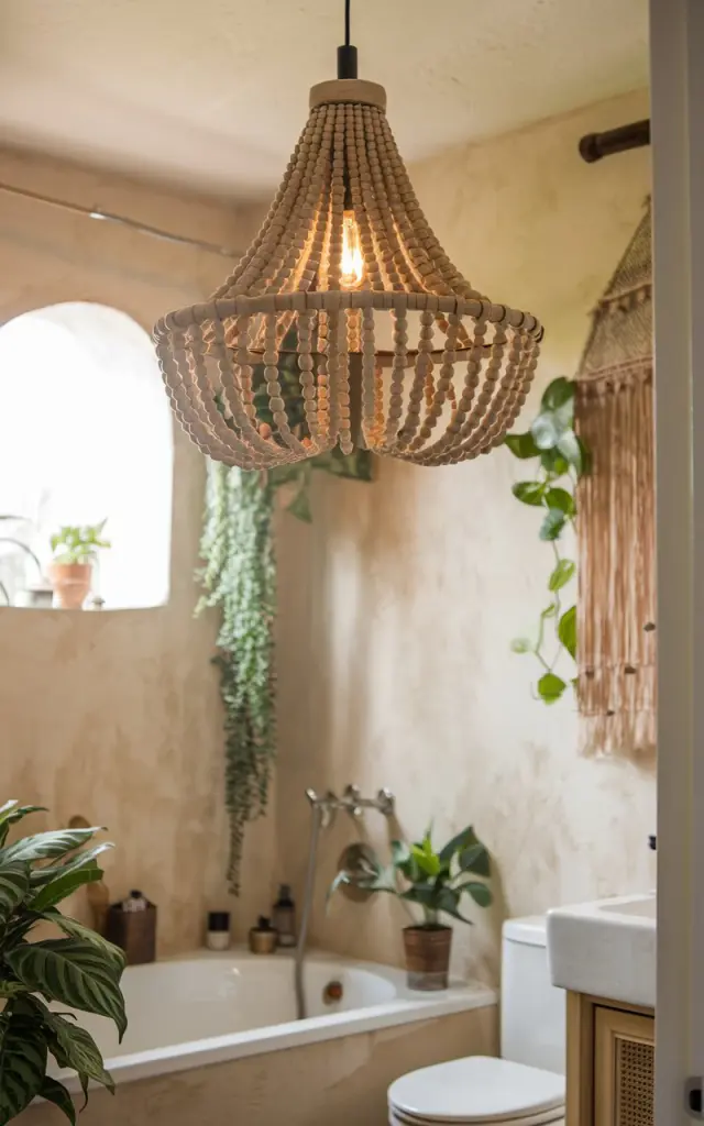 A photo of a boho-style bathroom with a hanging beaded chandelier made of natural wood beads or a woven rattan pendant light. The chandelier casts a warm, soft light, creating a cozy glow. The bathroom has a few plants and textured walls, adding to the relaxed, earthy vibe. The bathroom is fully furnished, with a bathtub, sink, and toilet.