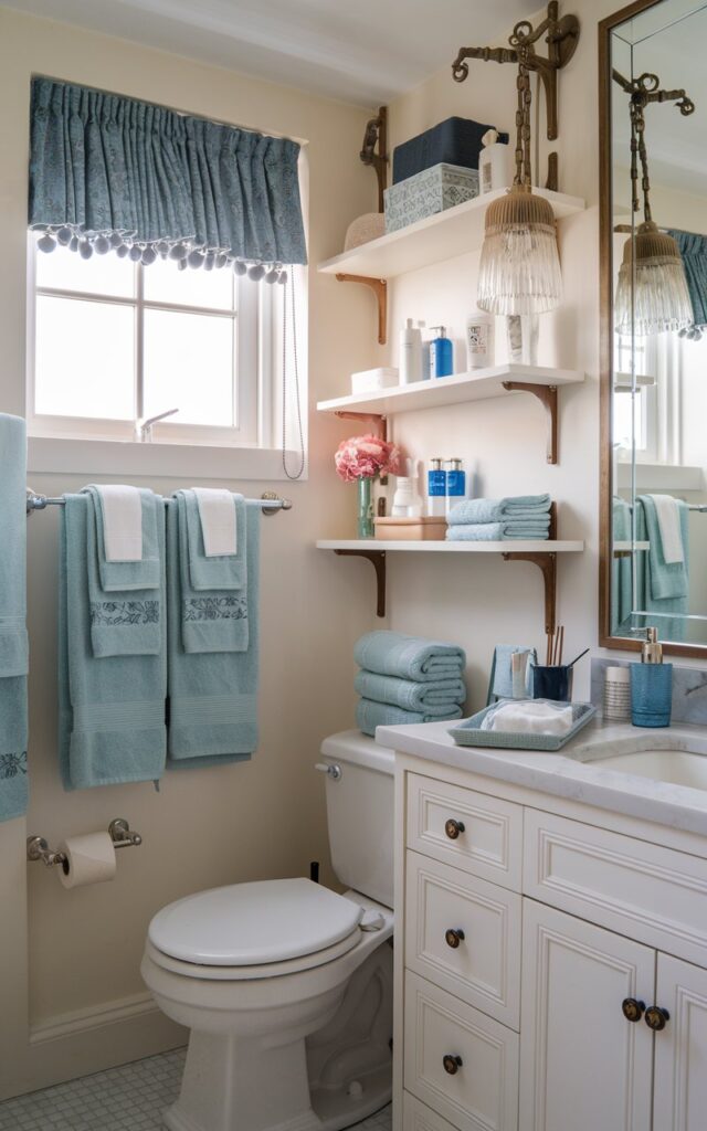 A photo of a charming coastal bathroom with a luxury hotel vibe. The bathroom has a toilet, open shelves with essentials and decor, a vanity, and curtained windows. There are matching towel sets hung on a towel bar. The space is clutter-free and fully furnished.