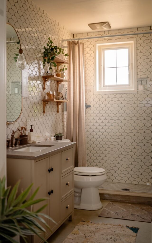 A photo of a charming cottagecore bathroom in neutral tones. The walls are covered in warm beige fish scale pattern tiles. There's a warm grey vanity with essentials, a toilet, and a shower area. A curtained window lets in natural light. The floor is covered with a rug. There are wood accents and a few plants in the room. The focus is on the tiled wall. The lighting is golden hour.