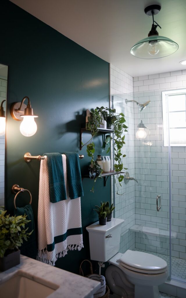 A photo of a charming cottagecore bathroom with a dark green, moody accent wall. The wall has sconces with a light on. There are towels on the towel rack with dark green accents. The room has a few plants. The ceiling has a pendant light. The natural light is soft. The bathroom has a vanity, toilet, and shower area.