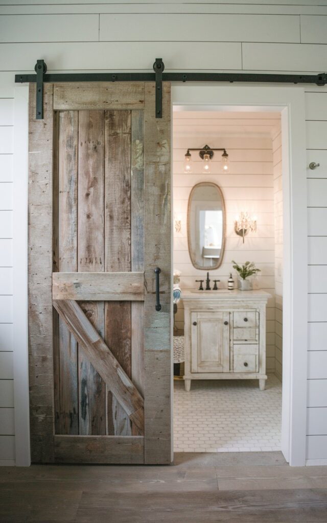 A photo of a charming farmhouse bathroom featuring a rustic barn-style sliding door made of reclaimed wood with visible knots and a weathered finish. The black metal hardware contrasts against crisp white walls and shiplap accents. Inside, the bathroom is cozy and functional, with soft lighting, a vintage vanity, and subtle country decor. The door adds instant personality while maximizing space, creating a welcoming, lived-in farmhouse look with authentic rural charm.
