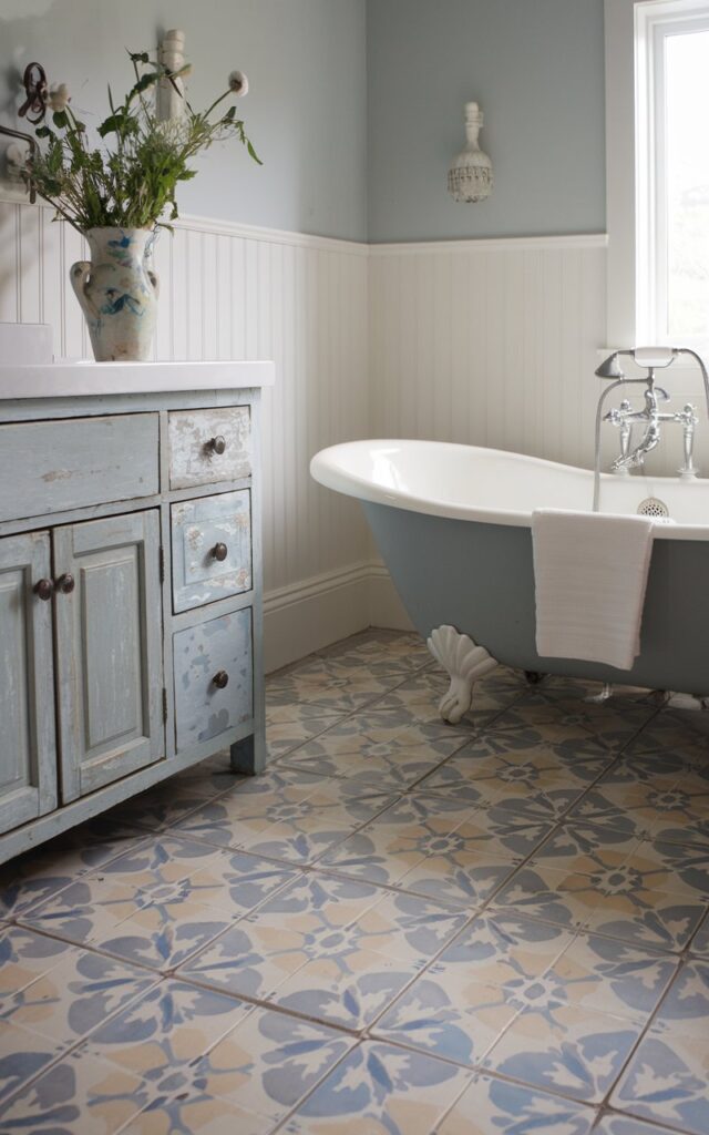 A photo of a charming farmhouse bathroom with classic encaustic tile flooring in soft blues, creams, and muted grays. The tiles feature intricate floral and geometric patterns. There is a vintage clawfoot tub in the room. The walls are white beadboard. There is a distressed wood vanity and fresh wildflowers in a ceramic vase. The bathroom has an English countryside vibe. The mix of patterns and textures creates a cozy, nostalgic atmosphere that feels both refined and inviting.
