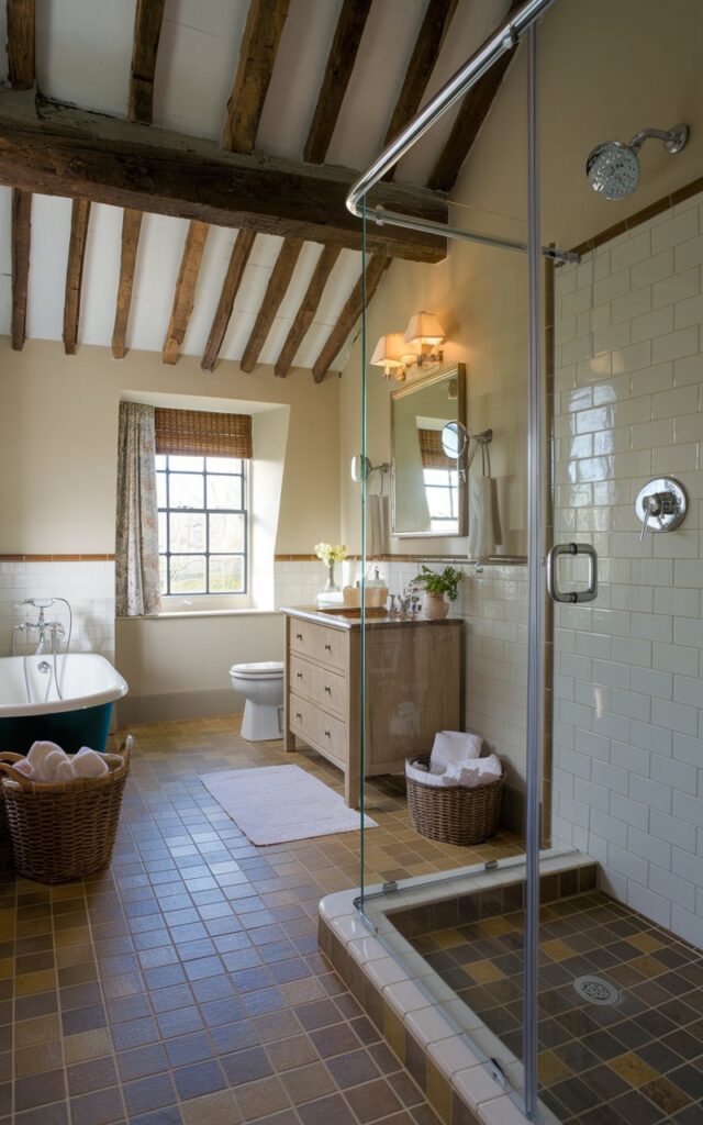 A photo of a charming, fully furnished English countryside bathroom with a glass shower enclosure. The bathroom has a vintage charm, with a roll-top bath, a vanity unit, and a wooden beam ceiling. The floor is tiled with cream and brown tiles. There's a basket with towels near the bath. The glass shower enclosure has a chrome fixture. The room has a window with a curtain, allowing natural light to enter.