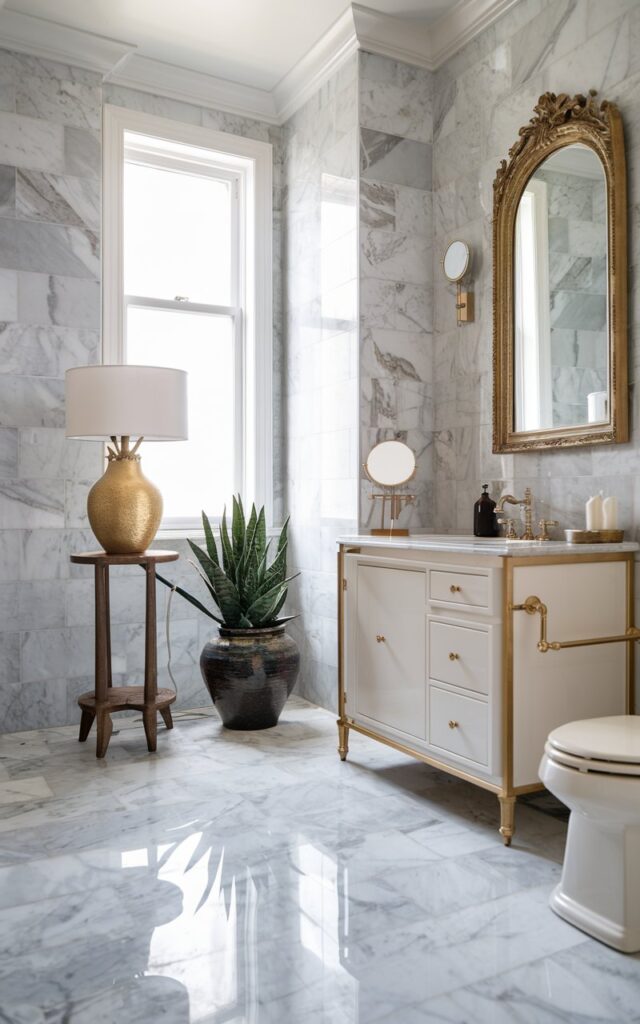 A photo of a full-size bathroom with floor-to-ceiling marble tiles. The bathroom has a glamorous, luxurious vibe. There's a gold ceramic lamp on a wooden stand near the window. A ceramic pot with a green plant is placed near the lamp. A gold-framed mirror hangs on the wall above the sink. The bathroom has a white vanity with gold accents and a white toilet.