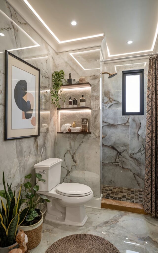 A photo of a charming glam bathroom with a glossy finish marble-look porcelain wall and a framed art piece. The bathroom features a toilet, a shower area with a stone floor, shelves, decor, plants, a floor rug, and a curtained window. The room has a recessed ceiling with LED lighting. There is no natural light.