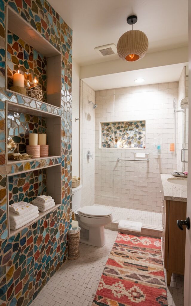 A photo of a charming modern Boho bathroom with a niche area. The niche area is made of bright, bold mosaic tiles and has open shelves with candles, decor, and towels. The rest of the bathroom has neutral color ceramic tiles. There is a toilet, shower area, vanity, floor rug, and Boho ceiling pendant light in the bathroom. The natural light is warm and filtered.