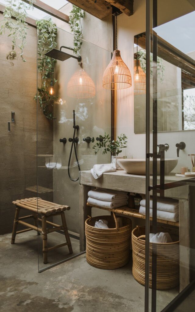 A photo of a charming modern rustic farmhouse bathroom with a shower area and a sink. There are two rattan baskets under the sink, containing towels and toiletries. The shower area has a bamboo stool. The bathroom has a concrete floor and a glass door. There is a pendant light over the sink, providing warm ambient light. The walls have a few hanging plants for greenery.
