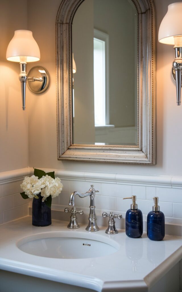 A photo of a charming traditional bathroom vanity with a sink. The sink has matching, color-coordinated dispensers (ceramic or glass) for a clean, cohesive look. The wall has a framed mirror and dim lights. The vanity is fully furnished.