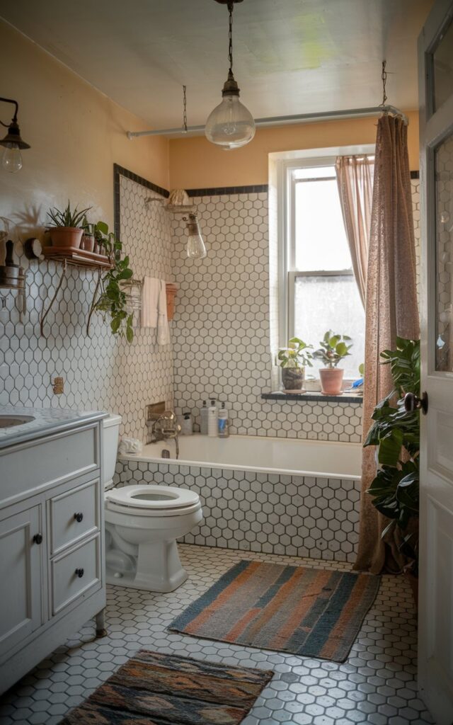 A photo of a vintage bathroom with a black and white hexagon tile wall. The bathroom is fully furnished with a toilet, vanity, bathtub, curtained window, floor rug, vintage pendant light, and a few plants. The room has a vintage touch with its classic fixtures and decor. The overall ambiance is warm and inviting.