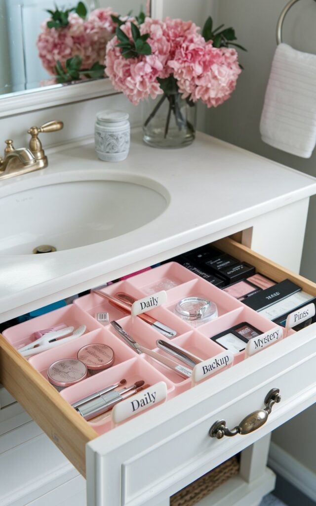 A chic Traditional bathroom with small dividers or drawer trays (even silicone ice cube trays work!) to store makeup, floss, clippers, tweezers, bobby pins, etc. Labele each section such as: "daily," "backup," and "mystery."
