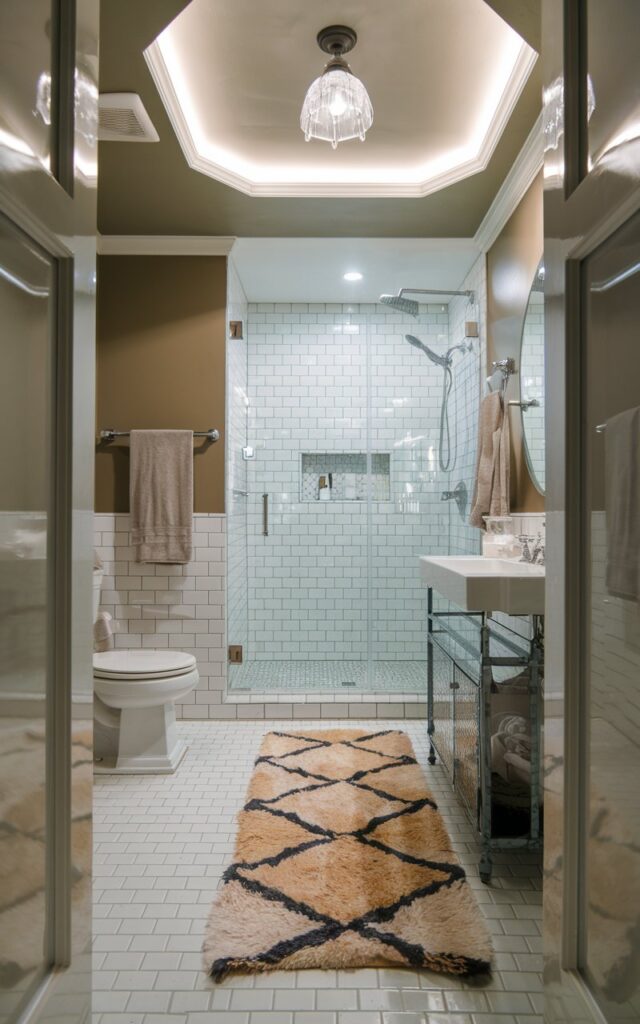 A photo of a chic bathroom with a fluffy and stylish rug outside the shower area. The bathroom is fully furnished, with a recessed ceiling and a bell-shaped pendant light. There is a toilet, a sink, and a shower in the bathroom. The floor is made of white tiles. The walls are painted in a shades of beige and grey. The rug has a geometric pattern and is placed near the shower area. The overall ambiance of the bathroom is clean and modern.