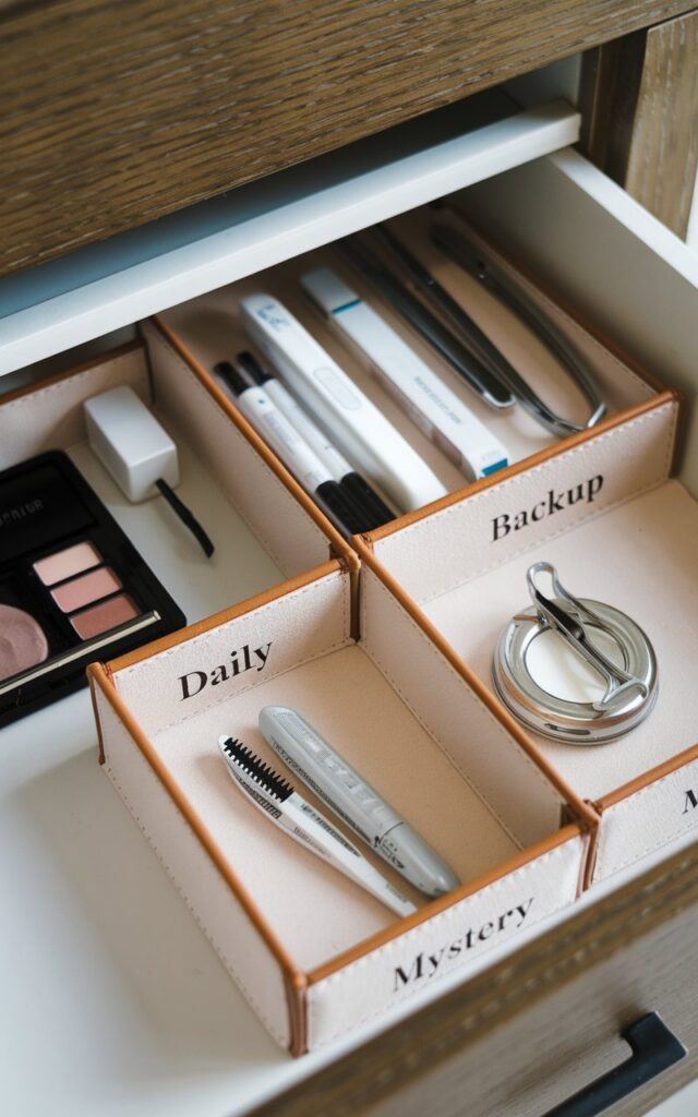 A chic bathroom with small dividers or drawer trays to store makeup, floss, clippers, tweezers, bobby pins, etc. The dividers have leather or velvet lines/touch. Each section is labeled "daily," "backup," and "mystery." The background is a wooden cabinet.