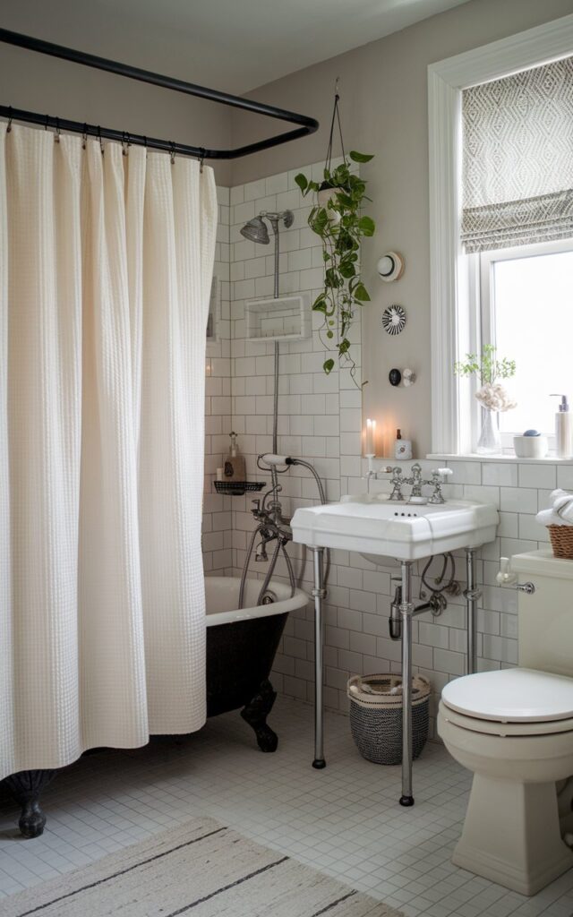 A photo of a chic cottagecore bathroom with a linen or waffle-knit shower curtain. The space has a monochrome palette tone. The bathroom is fully furnished and well-decorated, with a vintage bathtub, a stand-alone sink, and a classic toilet. There are also decorative items such as a potted plant, a candle, and a small basket. The floor is tiled, and there is a window with a patterned curtain.