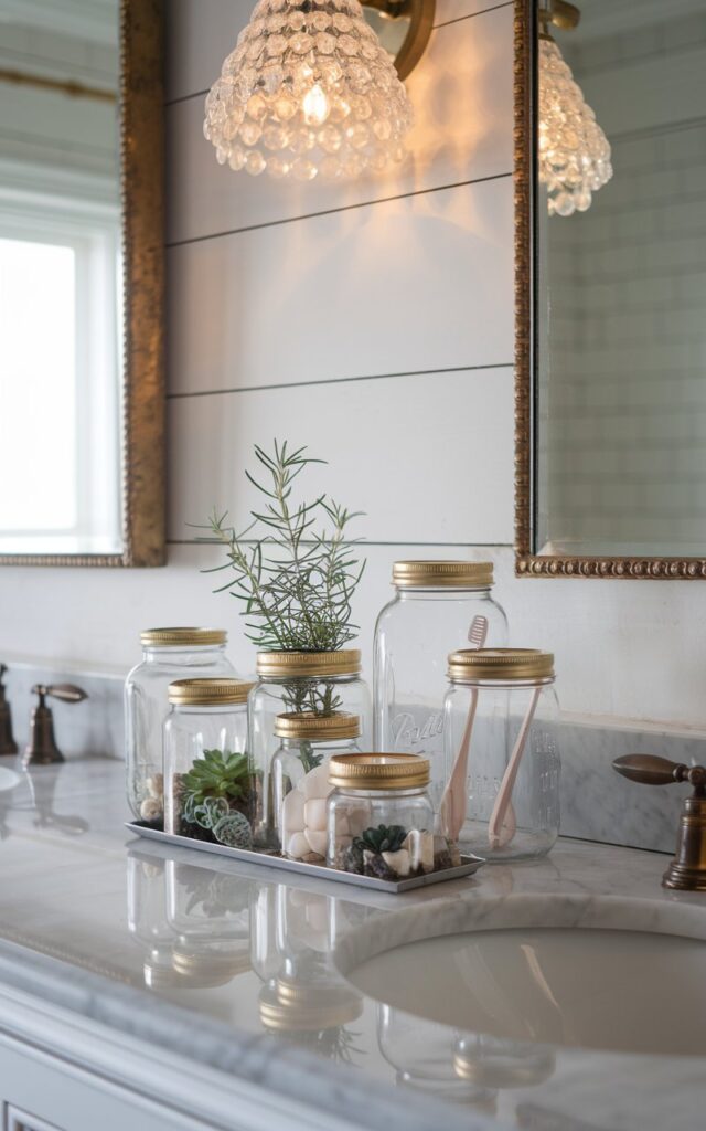 A photo of a chic farmhouse bathroom with elegant touches. Clear mason jars with gold or brushed brass lids are arranged neatly on a marble vanity top. One jar holds toothbrushes, while others display fresh sprigs of rosemary and tiny succulents. The space combines rustic elements like shiplap walls and antique-style fixtures with upscale finishes like a crystal pendant light (warm light) and a gilded mirror. The mason jars add a grounded, homey charm while complementing the room’s soft, luxurious palette.