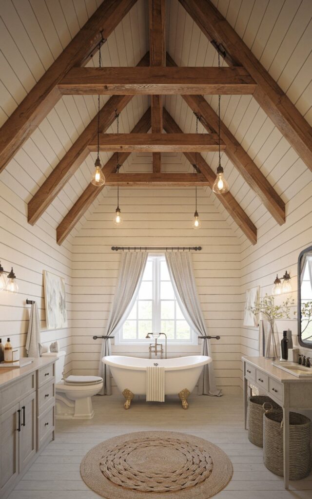 A photo of a classic farmhouse bathroom with tall ceilings, showcasing exposed wooden beams in a rich, natural finish. The warm-toned wood contrasts beautifully with soft white shiplap walls and a freestanding bathtub below. Hanging pendant lights with vintage-style bulbs dangle from the rafters, casting a cozy glow. Antique accents, a braided jute rug, and woven storage baskets add texture, making the space feel both grand and grounded in true farmhouse tradition. The bathroom also has a vanity, toilet, and a curtained window. Natural light is soft, ambient.