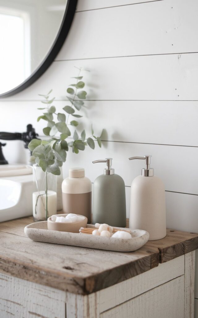 A photo of a clean and calming farmhouse bathroom with minimalist touches. The bathroom features matte ceramic and stoneware soap dispensers and storage containers in soft neutral tones like ivory, taupe, and sage. The dispensers sit neatly on a reclaimed wood vanity, alongside a stone tray holding cotton swabs and bath salts. White shiplap walls, a round mirror, and subtle greenery complete the look, blending rustic charm with a serene, uncluttered aesthetic.
