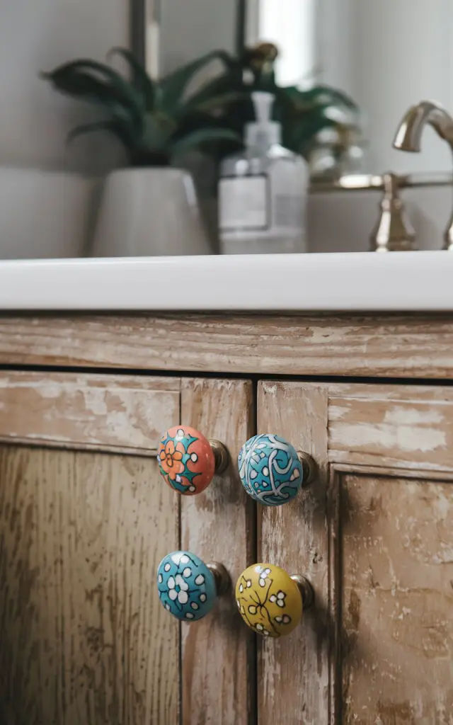 A photo of a boho bathroom vanity with upgraded cabinet knobs made from colorful ceramic. The knobs are hand-painted with floral or geometric patterns in organic shapes. The vanity is made of distressed or natural-finish wood. The vanity top has essential items and a plant. The background is blurred. The lighting is soft and ambient.
