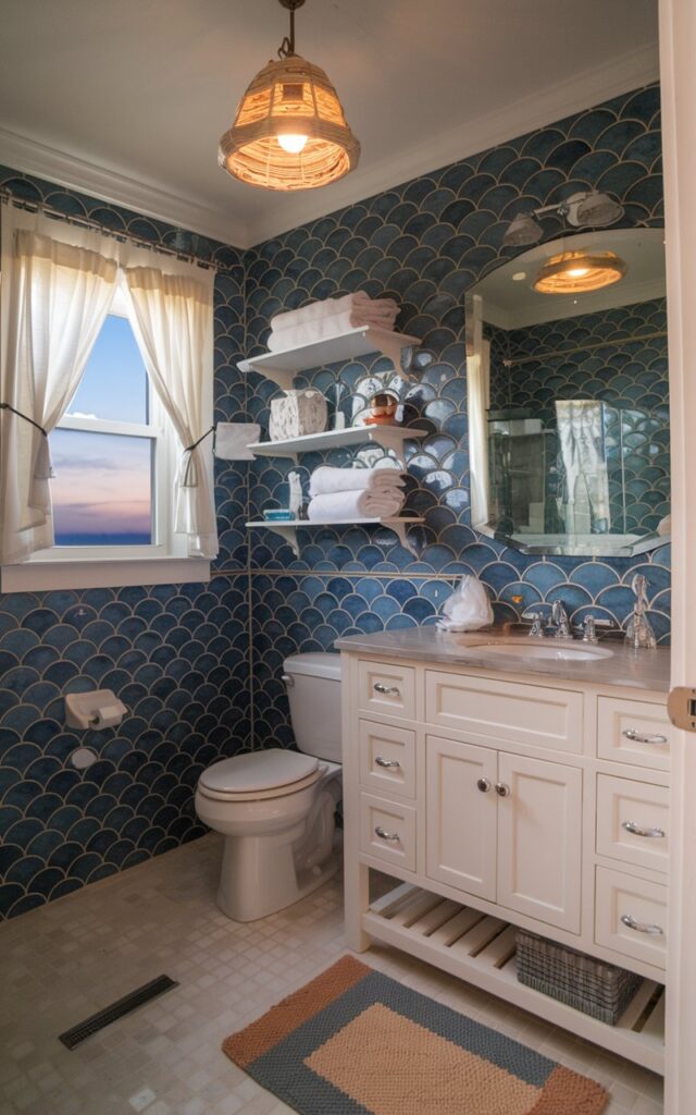 A full bathroom at a coastal property with a fish scale pattern ceramic tile on the wall. The bathroom contains a toilet, a vanity with a sink and a mirror, open shelves with essentials, a curtained window, a rug on the floor, and a coastal pendant light hanging from the ceiling. The natural evening light falls on the tiles, giving them a warm and glowing appearance.