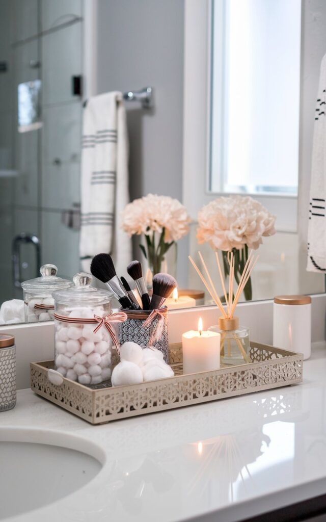 A contemporary bathroom counter having items neatly organised : cotton balls, Q-tips, and makeup brushes in patterned glass jars (with cute ties). Candles, reed diffuser, and flower vase, are displayed on a decorative tray. The vanity is well decorated and clutter-free.
