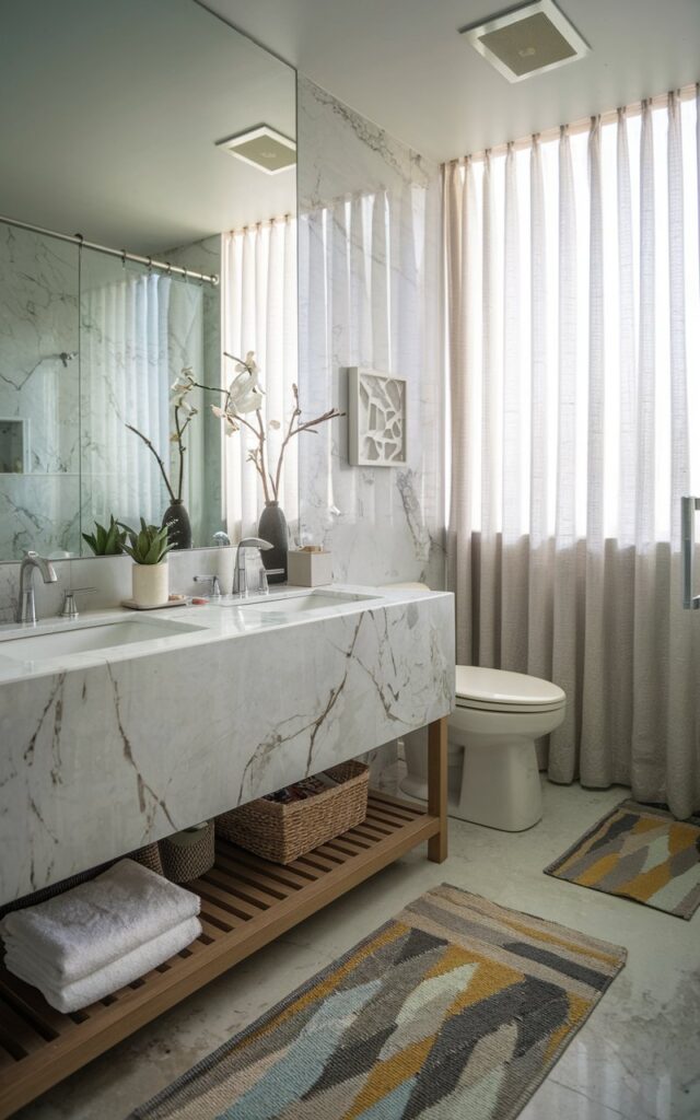 A photo of a contemporary full bathroom with a vanity made of marble-look material. The vanity is fully furnished with essentials, decor, and a rug. There is a toilet, shower area, and a curtained window. The natural light is filtered and soft.