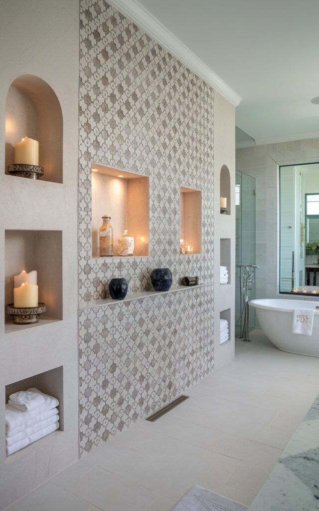 A photo of a luxurious Mediterranean bathroom with a Moroccan patterned tile feature wall. There are built-in niches in the wall, filled with candles, towels, and decor. The bathroom is fully furnished and has a modern, luxe look. There is a freestanding bathtub near the feature wall. The floor is covered with large white tiles. The room is well-lit.