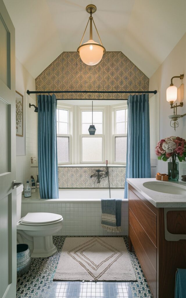 A cottagecore + art deco bathroom with a peel-and-stick 3-D geometric pattern backsplash tile wall. The bathroom has functional elements such as a toilet, bathtub, vanity, and curtained windows. There's a rug in front of the bathtub. The ceiling is vaulted and contains a pendant light that is lit. The overall bathroom has a vintage feel.